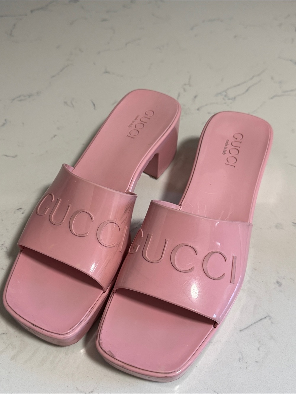 Gucci Glossy Pink Block Heel Slide Mules